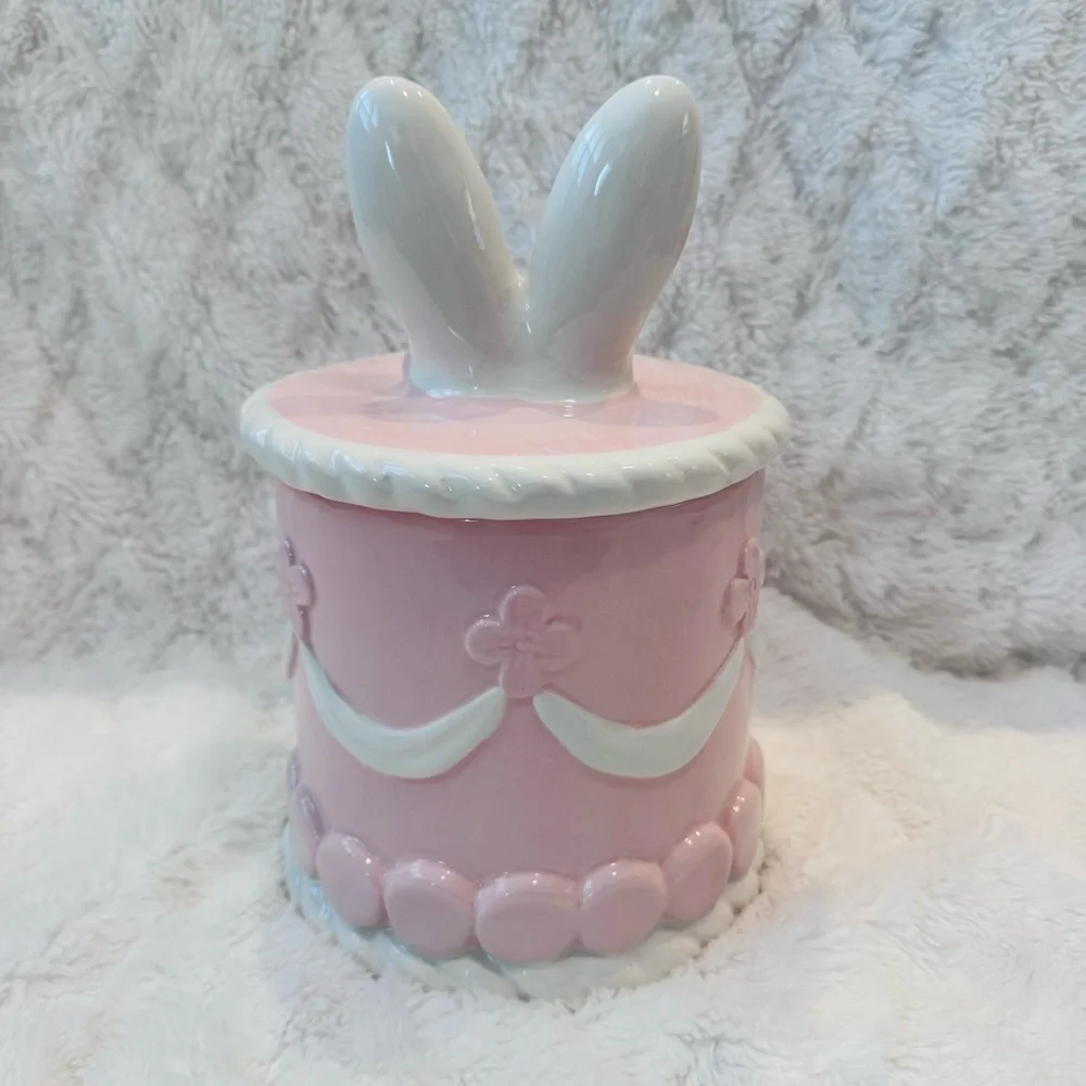Cookie Jar Easter Cake Shaped Canister Bunny Ears Pink Frosting Ceramic NEW 10”
